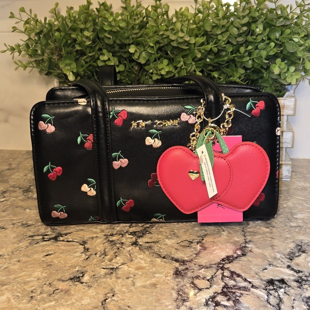 NWTBetsey Johnson Black Cherry Embroidered Shoulder Bag with Pink Heart Charm